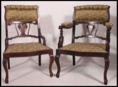 A pair of Edwardian mahogany and marquetry inlaid ladies and gentlemans armchairs together with 2