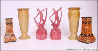 A collection of ceramics to include 2 Art Deco figurines of continental origin along with a pair of