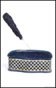 A 19th century Victorian Hairpin box, having a silver metal mesh over crushed blue velvet,