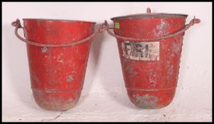 2 Vintage Industrial galvanised metal red painted fire buckets complete with the handles