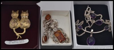 A collection of 3 silver cotemporary ladies necklaces to include Art Nouveau pendant and chain