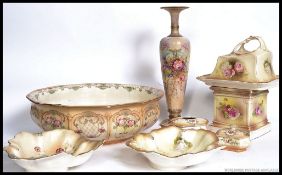 A Collection of ivory blush ceramics to include a vase pedestal, washbowl, leaf dishes, soap dishes,