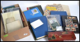 A large collection of stamps, maps and decimal coins in box .