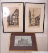 A pair of framed and glazed etchings of Bristol Scenes by Sharland along with another framed and