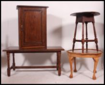 A mid century oak coffee table, Queen Anne walnut circular table.