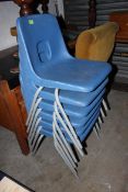 A set of  six retro blue plastic tubular framed school / village hall stacking chairs by Hills.