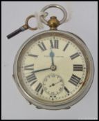 A mid century gentlemans Railway Lever key wind plated pocket watch with oversize roman numeral