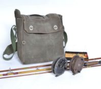 A vintage Alcock and Aerialite fly fishing reel with another Alcock reel, a fly rod, flies,