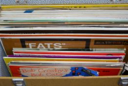 A fantastic vintage wooden record carry case with long play vinyl records to include a good