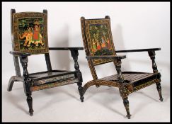 220th century  Indian ebonised and handpainted folding chairs.