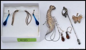 A fabulous mid century lobster - crayfish silver filigree ladies brooch together with butterfly
