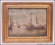 19th century oil on board painting of English Thames Barges in the London Pool with Industrial