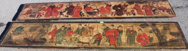 A pair of  large fabulous decorative 20th century Chinese painted panels having court scenes on