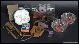 A dealers lot to include two vintage carved doggy pen holders, a girl guides leather belt,