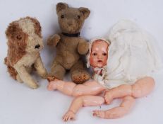 DOLL & BEARS: Two vintage stuffed toys ( a dog and a teddy bear ) along with a