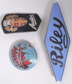 CAR BADGES: A collection of 3x vintage classic car enamel and chrome badges: black Austin badge,