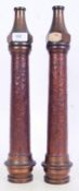 FIRE HOSES; Two vintage ' Type A ' vintage fire fighting / engine hose nozzles. 46cm tall each.