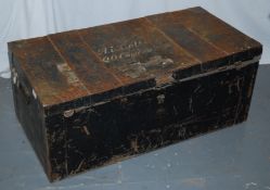 An early 20th century military officers steamer trunk chest having notation to the top.