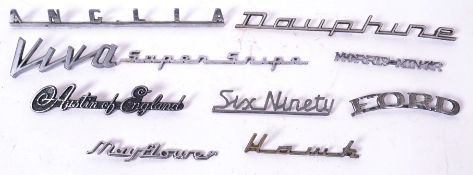 CAR BADGES: A collection of 10x classic car chrome (mostly) name badges: Ford Anglia, Dauphine,