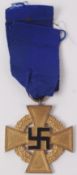 A Third Reich Nazi party WWII Second World War issue Faithful Service First Class cross medal.