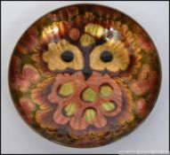 A stunning Industrial arts Scandinavian - Norge enamel set copper dish with owl stylization.