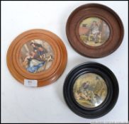 A collection of three framed Victorian ceramic pot lids,each titled The Game Bag,