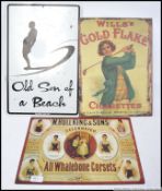 A group of three vintage style shop advertising metal signs,