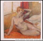 A mid century oil on canvas painting - portrait study of a nude woman in a seated position -