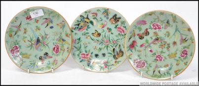 3 19th century Chinese / Canton celadon handpainted plates circa 1800 with design of birds and