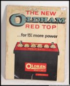 OLDHAM'S BATTERIES: An original garage cardboard advertising sign for Oldham Red Top Batteries.