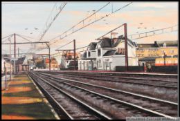 A retro framed oil on canvas of Wavre railway station Belgium, signed to the corner Lefayre 80.