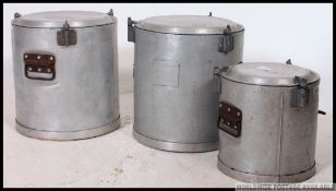 A stack of 3 military issue large food issue tin pots each with GR cypher markings for 1949