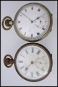 2 early 20th century nickel silver pocket watches each with subsiduary seconds dials.