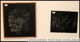 2 unusual pastel sketches on velvet depicting clowns.