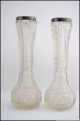 A pair of deeply hobnailed cut glass and silver collar rose / solifleur vases.