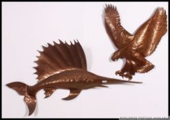 2 stunning retro mid century copper wall mounted studies, one of a large swordfish,