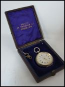 A beautiful silver ladies fob watch in the original presentation case.