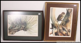 After John Stevens. 2 framed and glazed prints being signed by the artist of owls.
