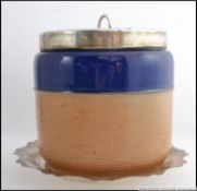 A Royal Doulton stone glazed marmalade dish / pot with silver hallmarked collar, Birmingham,