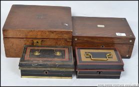 A Victorian writing slope together with a rosewood and mother of pearl inlaid workbox and 2 tin