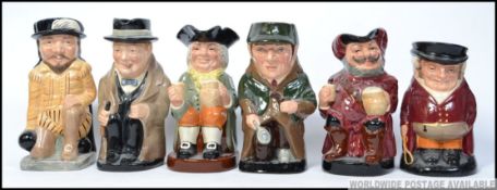 A group of 6 Royal Doulton character toby jugs to include Winston Churchill , Happy John ,