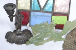 A mixed lot to include a 20th century carved jade dragon, a vintage chain mail purse (AF),