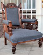 A Victorian mahogany library - chesterfield armchair being newly upholstered in a retro blanket