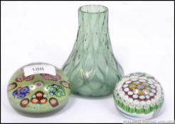 Two millefiori paperweights both being unsigned along with a Loetz style studio vase
