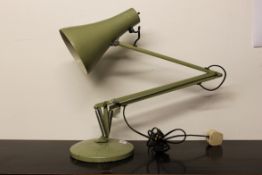 A retro 20th century Industrial original pale green coloured anglepoise desk lamp light.