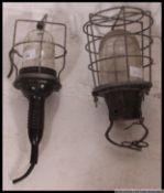 2 vintage mid century Industrial large trouble lamps / inspection lights with glass bulbs and cage