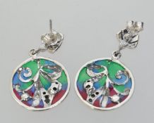 A pair of 925 silver pique a jour pendant earrings set with marcasite and simulated pearl in the