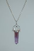 A 925 silver pendant necklace strung with an amethyst drop crystal pendant on a good heavy Italian