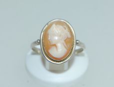 A vintage white metal shell cameo ring . Size Q.