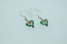 A pair of 925 silver cloisonne earrings with heart shaped drops and hook backs. Weight 2.4g.